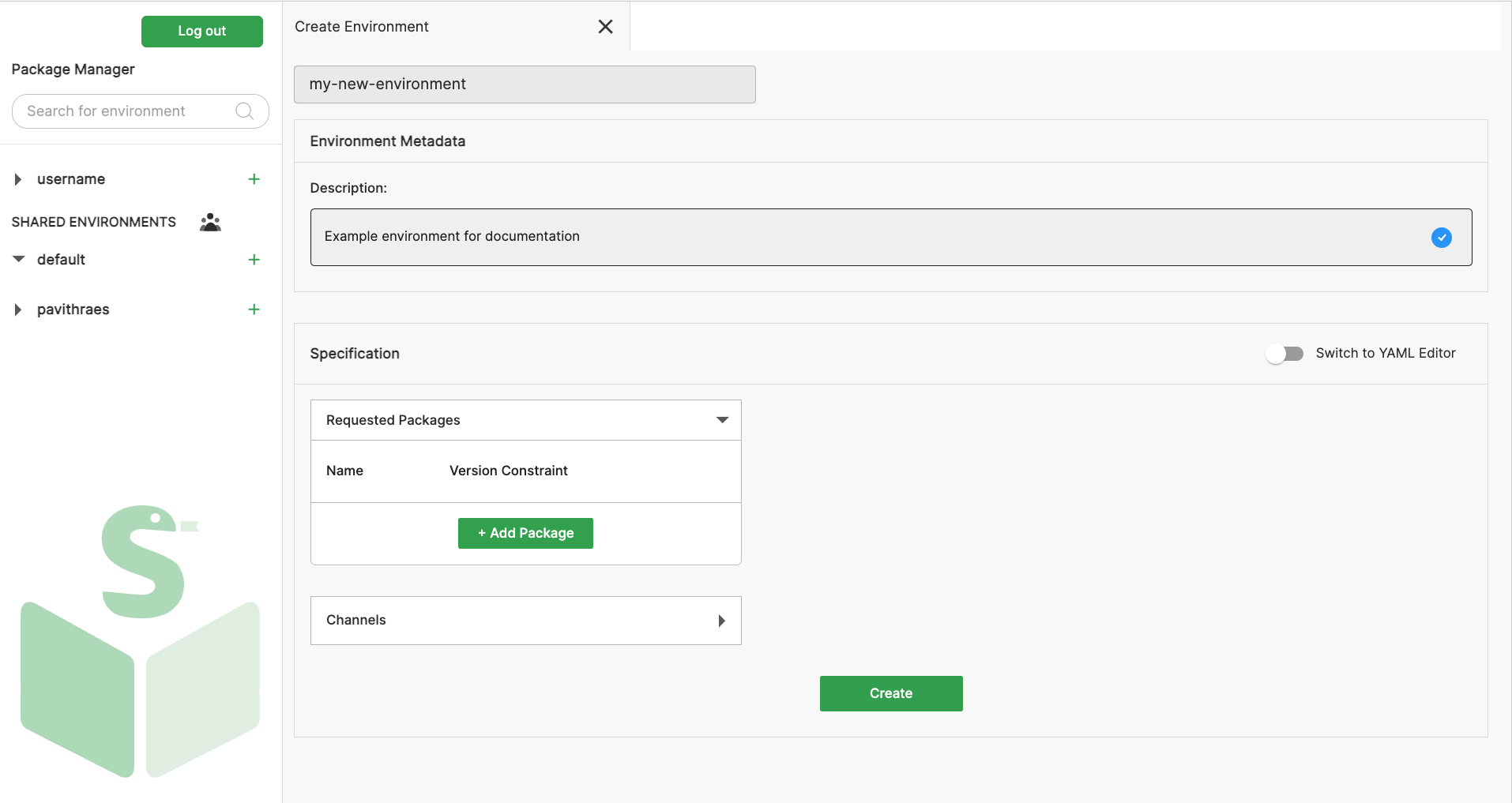 New environment creation screen with name &quot;my-new-environment&quot; and description &quot;Example environment for documentation&quot;